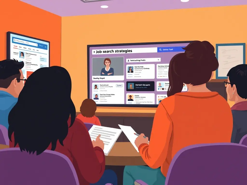 A job search strategies session where participants are learning how to effectively use online job boards and networking platforms to find relevant job opportunities, with an emphasis on practical application.