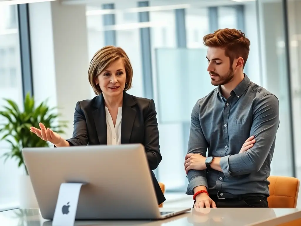 A professional career coach providing personalized guidance to a client during a one-on-one session, with a focus on goal setting and career planning in a bright and supportive office environment.