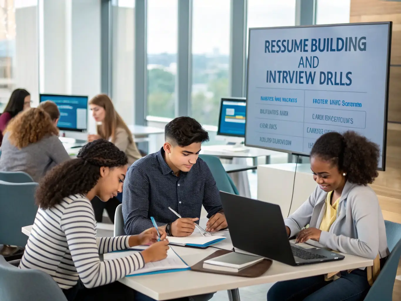 A diverse group of students actively participating in a resume writing workshop, with laptops open and instructors providing guidance in a modern classroom setting. The scene conveys collaboration and hands-on learning.